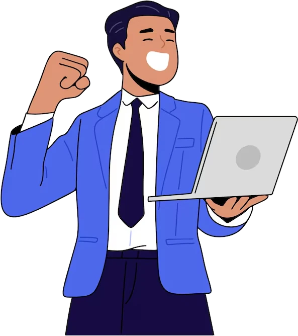 Illustration of a smiling business owner holding a laptop and raising a fist in celebration